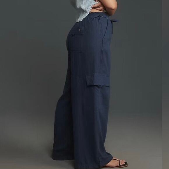 PILCRO x ANTHROPOLOGIE | Len Beach Cargo Pants Viscose Linen Navy Blue | 18W - Picture 1 of 8